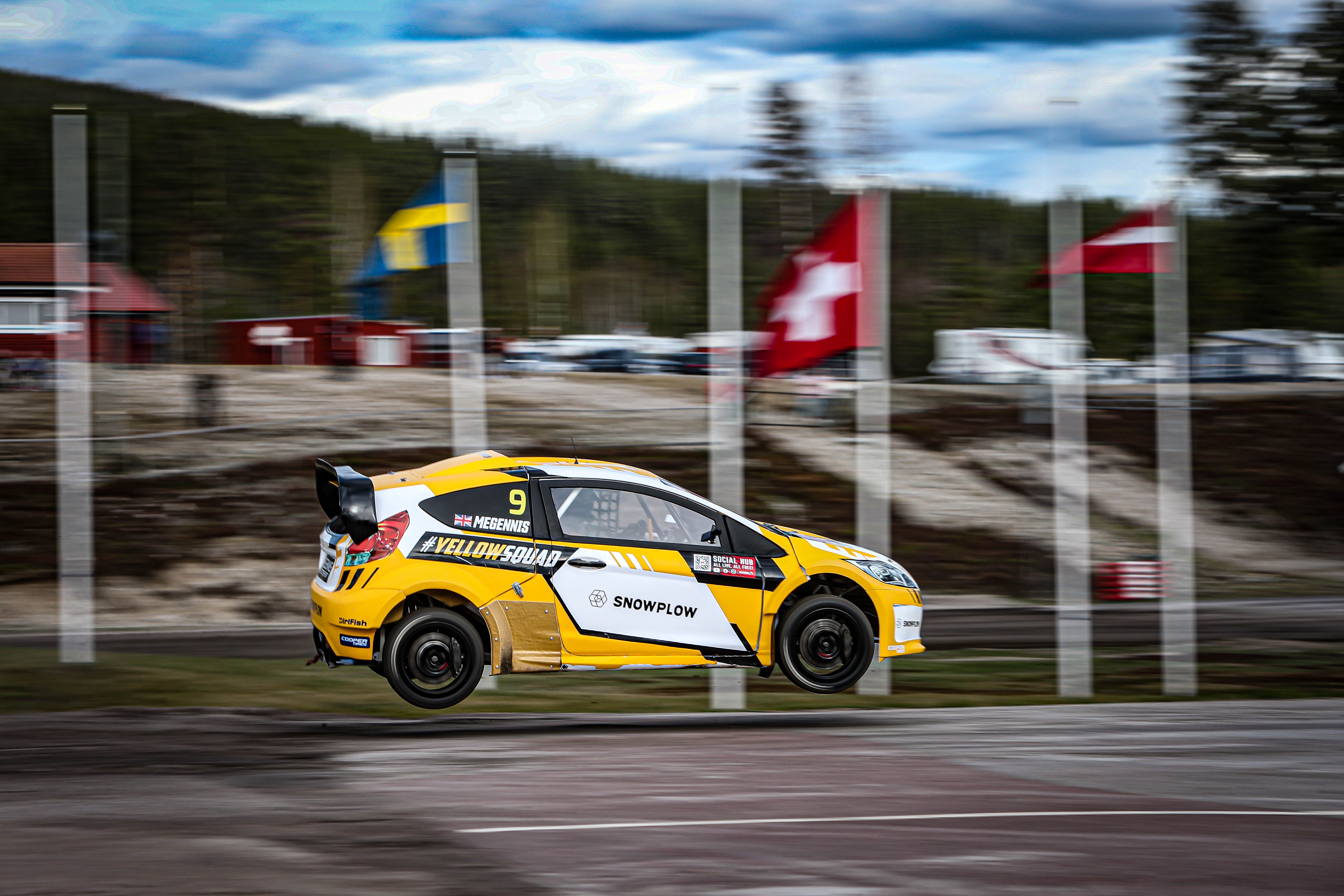 RallyX01 2022 Sweden Höljes George flying over jump flags Sweden Swizerland
